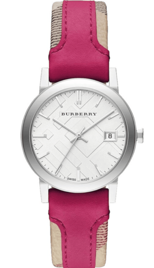 Burberry The City White Dial Haymarket Pink Leather Strap Watch for Women - BU9149