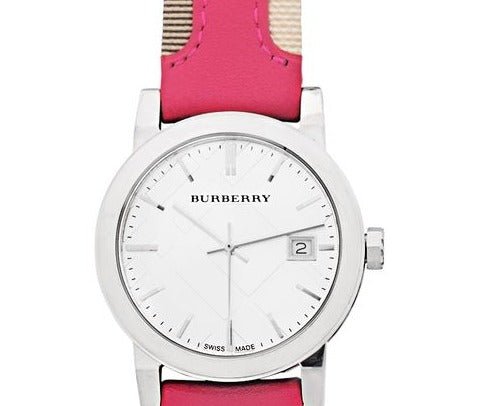 Burberry The City White Dial Haymarket Pink Leather Strap Watch for Women - BU9149