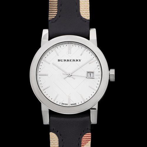 Burberry The City White Dial Black Haymarket Leather Strap Watch for Women - BU9150