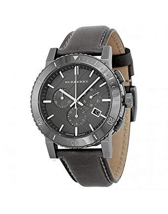 Burberry The City Chronograph Ion Plated Grey Dial Grey Leather Strap Watch for Men - BU9384