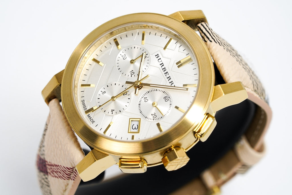 Burberry The City White Dial Haymarket Beige Leather Strap Watch for Women - BU9752