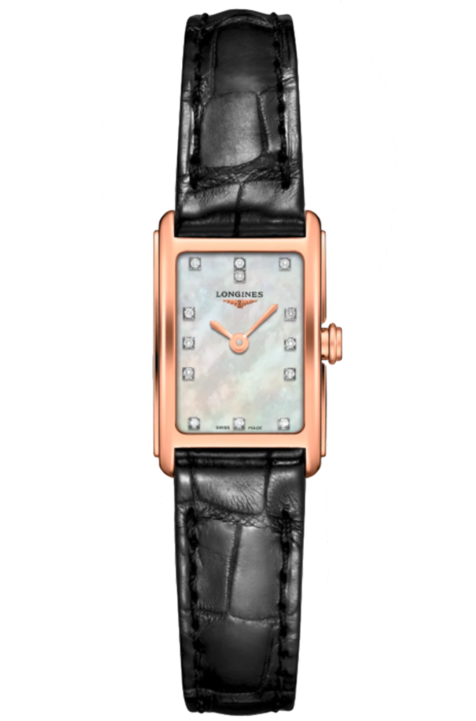 Longines Dolcevita Diamonds Mother of Pearl White Dial Black Leather Strap Watch for Women - L5.258.8.87.0