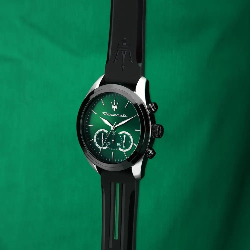 Maserati Traguardo Chronograph Green Dial Black Silicone Strap Watch For Men - R8871612043
