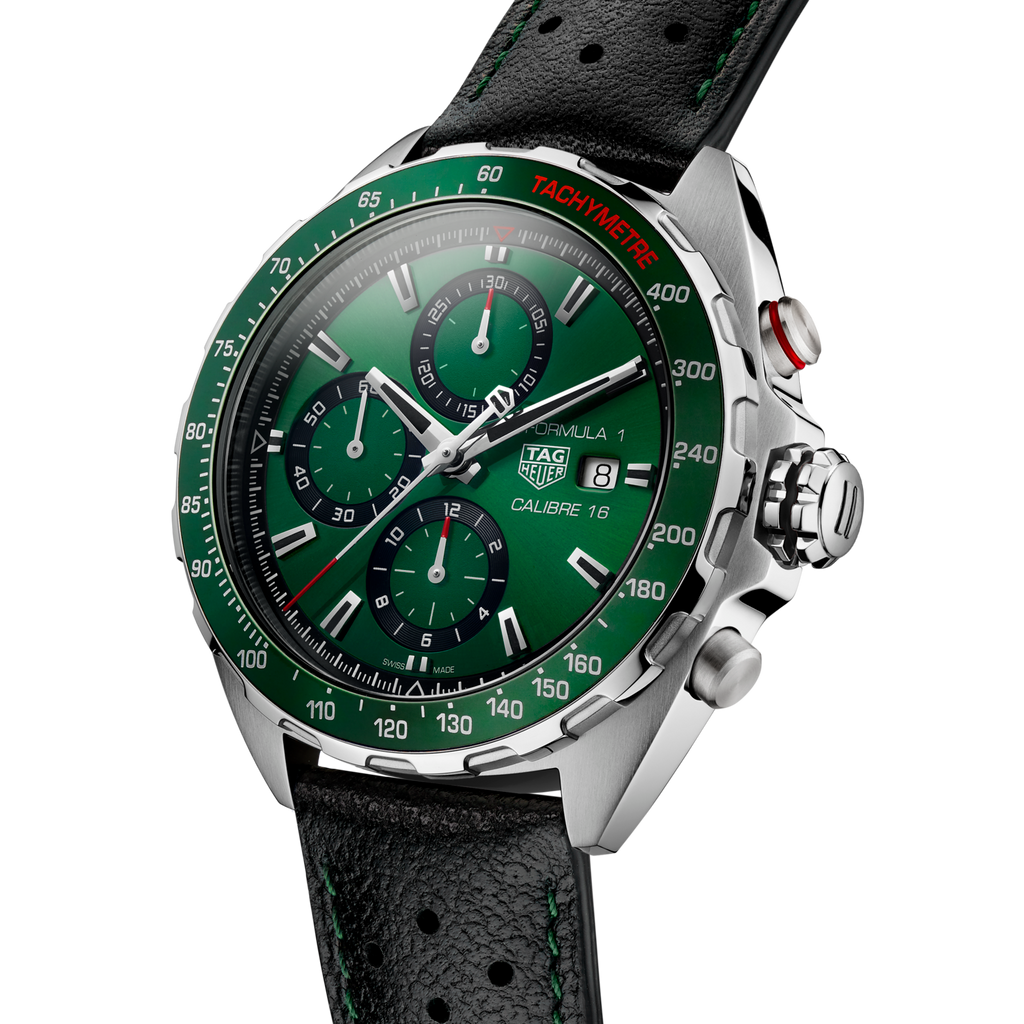 Tag Heuer Formula 1 Calibre 16 Automatic Chronograph Green Dial Black Leather Strap Watch for Men - CAZ2016.FC6473