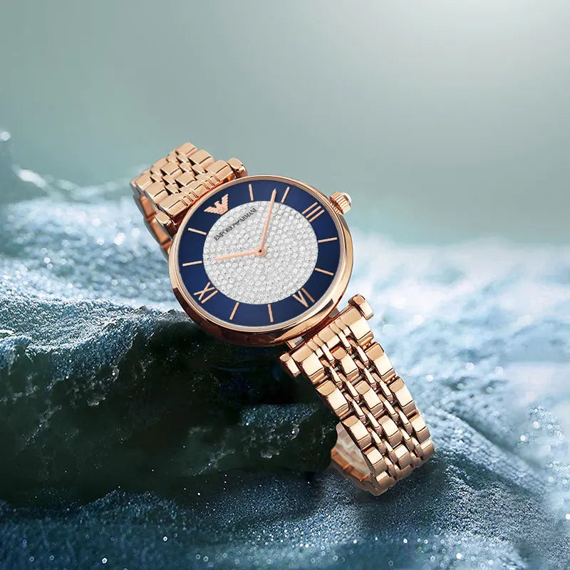 Emporio Armani Gianni T-Bar Quartz Crystals Black Dial Gold Steel Strap Watch For Women - AR11423