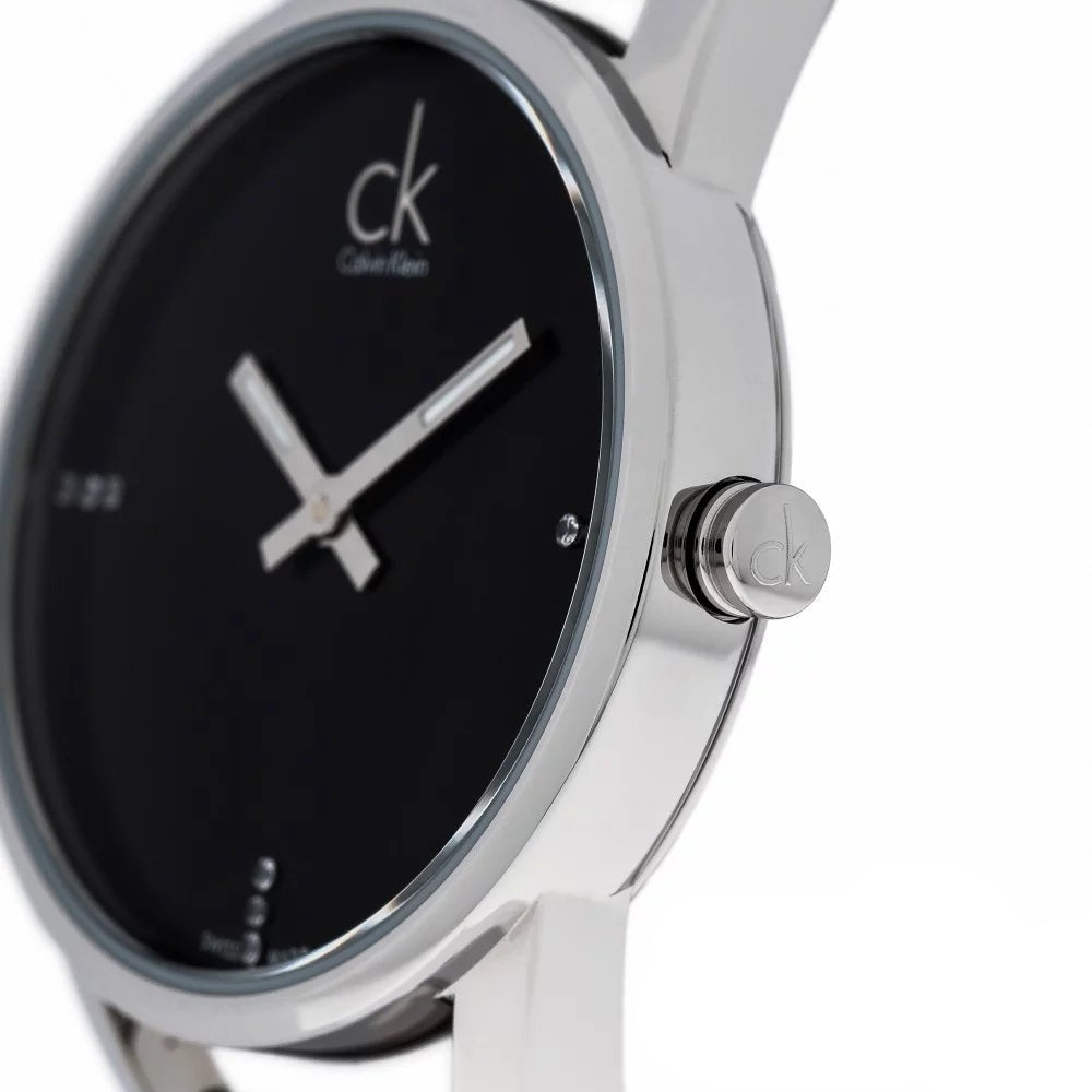 Calvin Klein Stately Black Dial Silver Steel Strap Watch for Women - K3G2312S