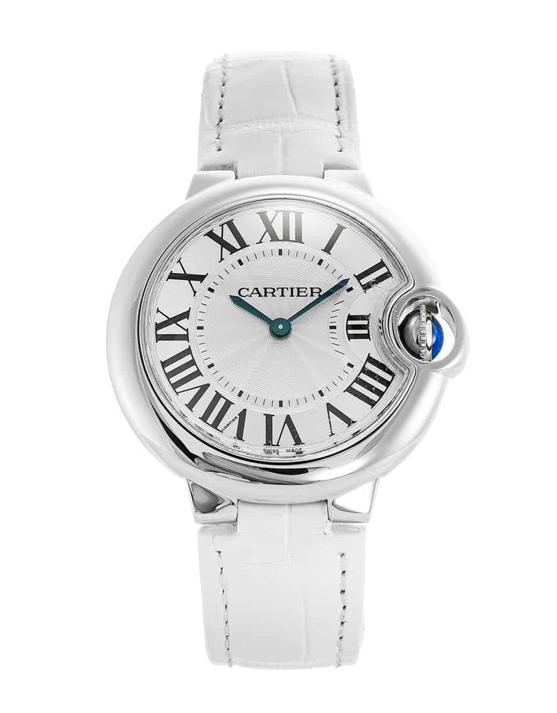 Cartier Ballon Bleu De Cartier Silver Dial White Leather Strap Watch for Women - W6920086