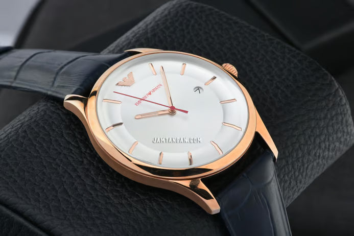 Emporio Armani Classic Silver Dial Blue Leather Strap Watch For Men - AR11131