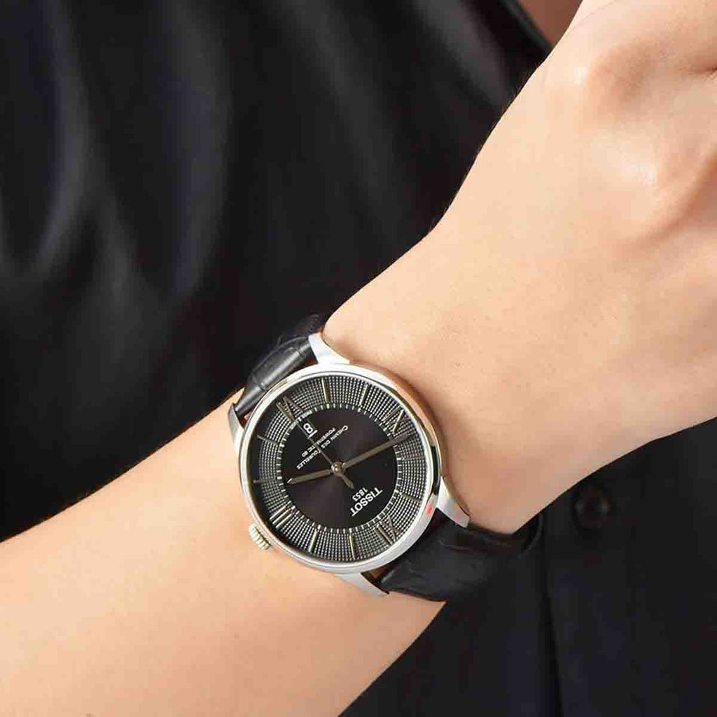 Tissot Chemin Des Tourelles Powermatic 80 Black Dial Black Leather Strap Watch For Men - T099.407.16.058.00