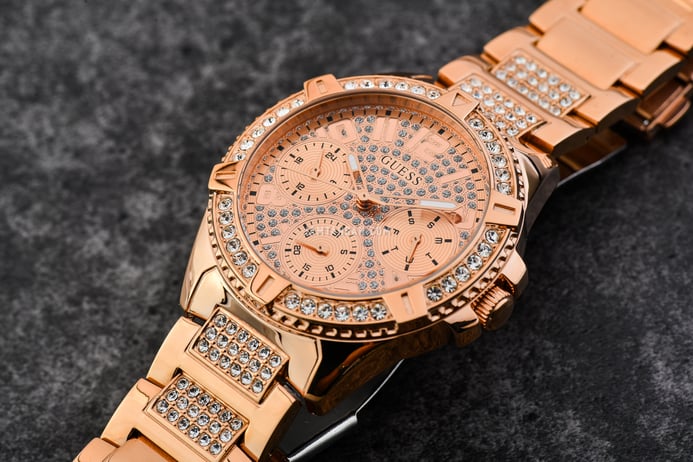 Guess Frontier Diamonds Rose Gold Dial Rose Gold Steel Strap Watch For Women - W1156L3
