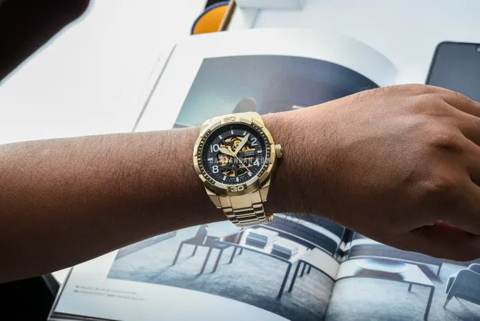 Fossil Bronson Automatic Skeleton Black Dial Gold Steel Strap Watch for Men - ME3257