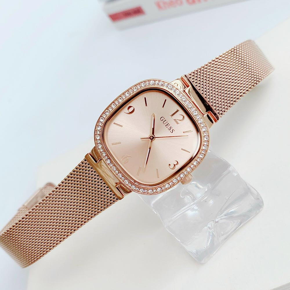 Guess Tapestry Diamonds Rose Gold Dial Rose Gold Mesh Bracelet Watch for Women - GW0354L3