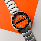 Seiko 5 Sports Double Hurricane Retro Orange Dial Silver Steel Strap Watch For Men - SRPK11K1