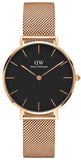 Daniel Wellington Classic Melrose Black Dial Rose Gold Mesh Bracelet Watch For Women - DW00100161