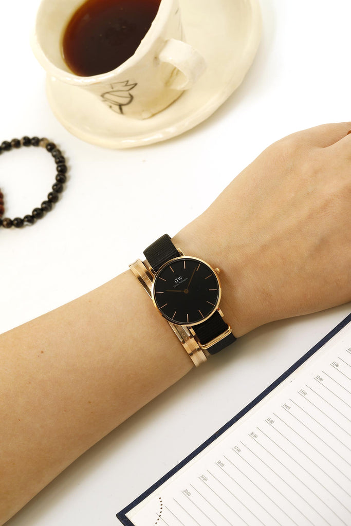 Daniel Wellington Classic Petite Cornwall Black Dial Black NATO Strap Watch For Women - DW00100215