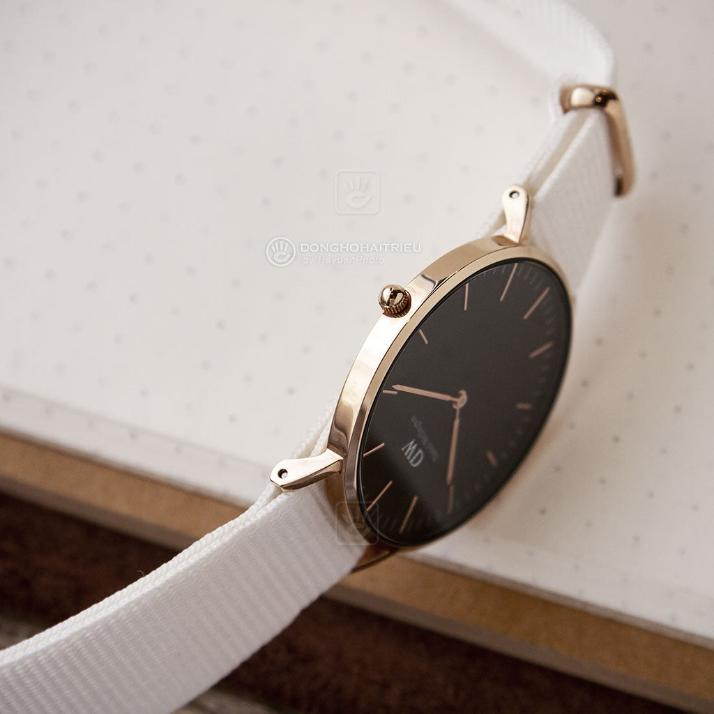 Daniel Wellington Classic Dover Black Dial White Nylon Strap Watch For Women - DW00100310