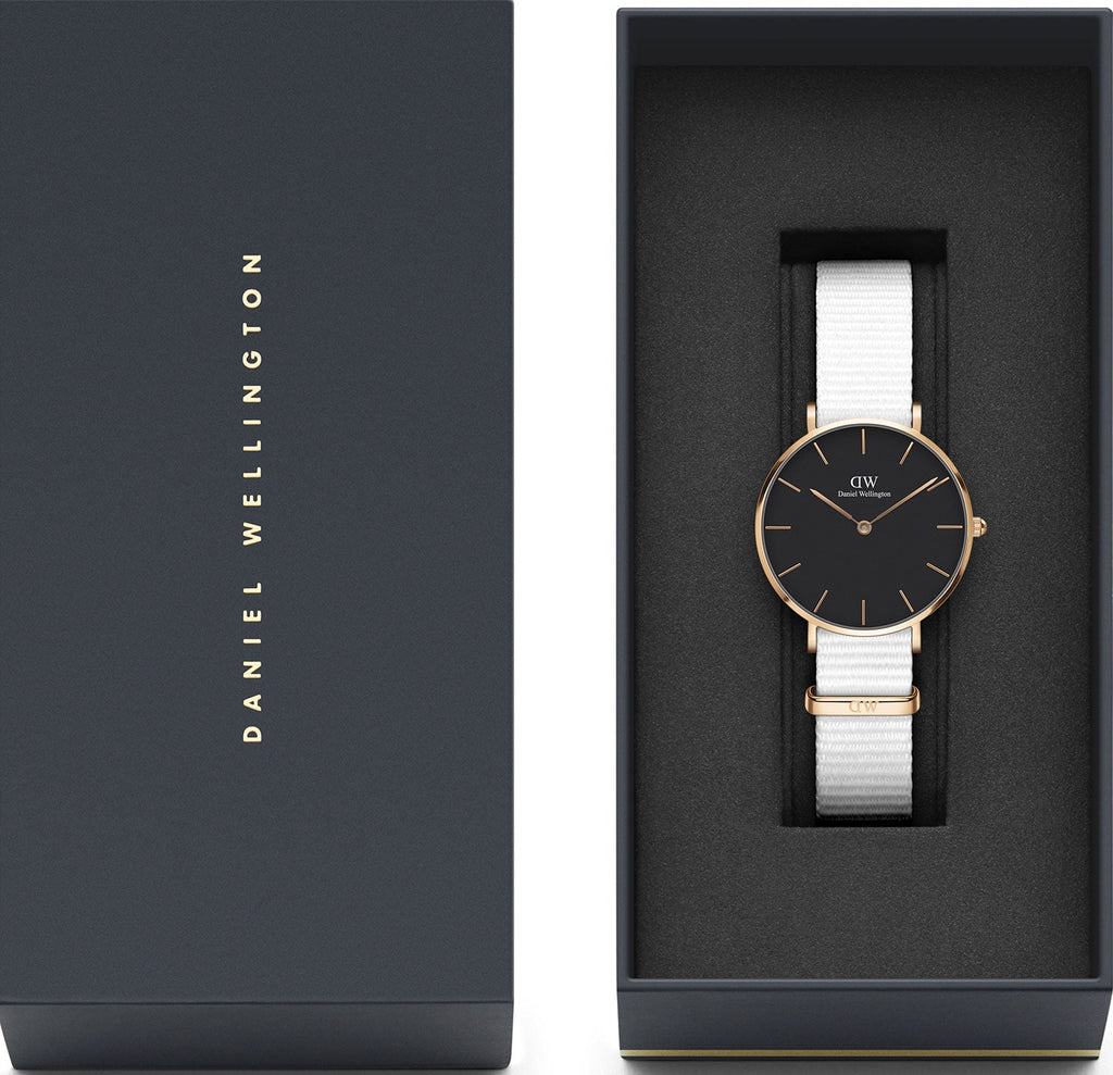 Daniel Wellington Classic Petite Dover Black Dial White NATO Strap Watch For Women - DW00100312
