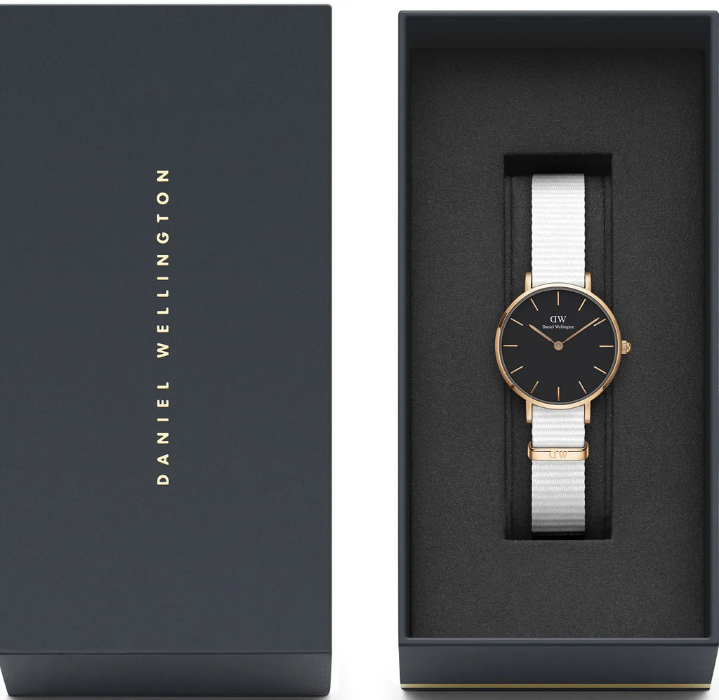 Daniel Wellington Classic Petite Dover Black Dial White NATO Strap Watch For Women - DW00100314