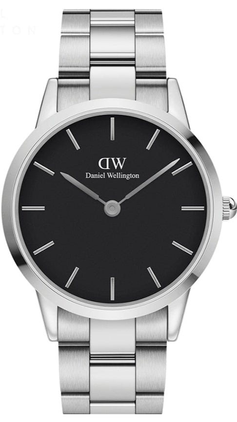 Daniel Wellington Iconic Link Black Dial Silver Steel Strap Watch For Women - DW00100342