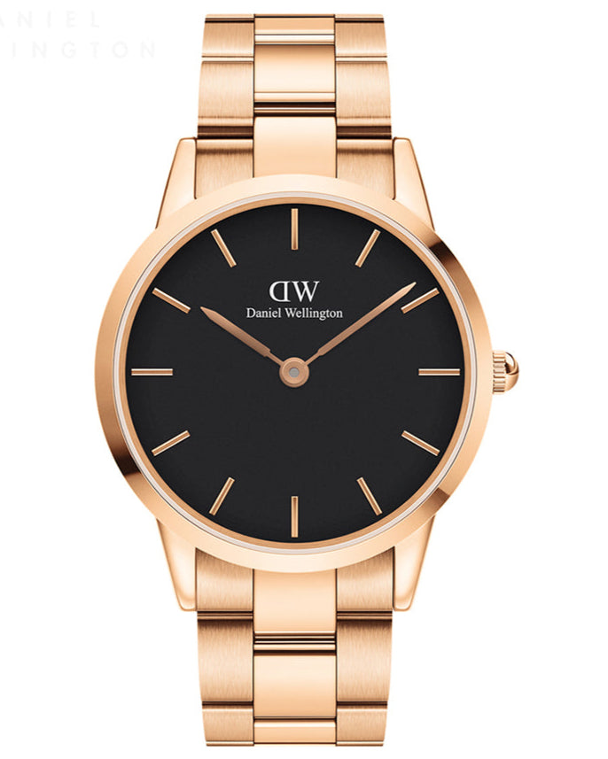 Daniel Wellington Iconic Link Black Dial Rose Gold Steel Strap Watch For Men - DW00100344