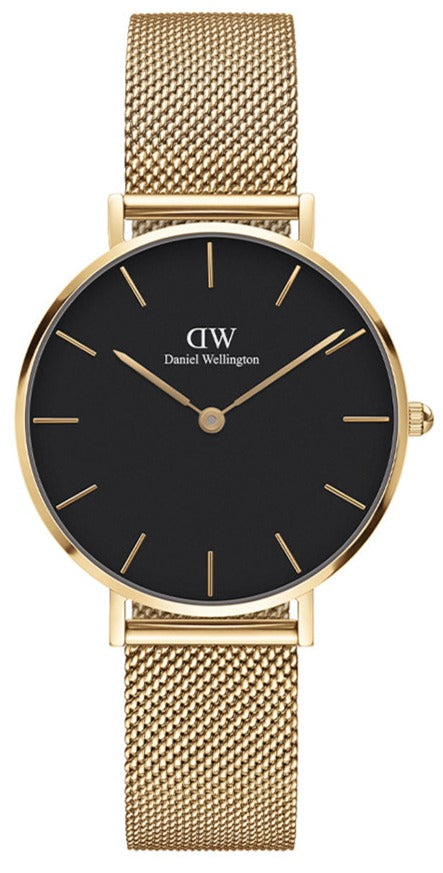 Daniel Wellington Classic Petite Black Dial Gold Mesh Bracelet Watch For Women - DW00100347
