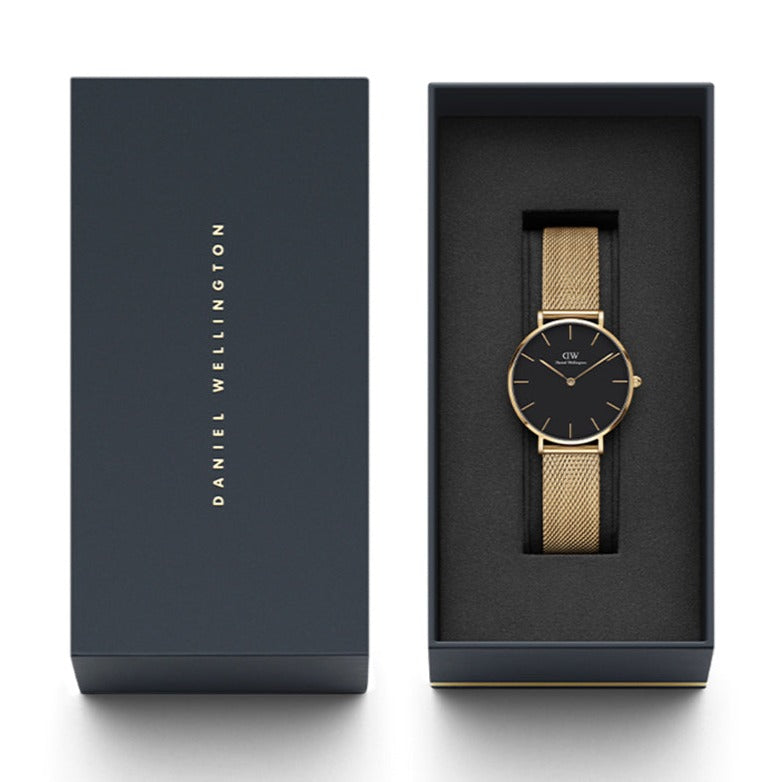 Daniel Wellington Classic Petite Black Dial Gold Mesh Bracelet Watch For Women - DW00100347