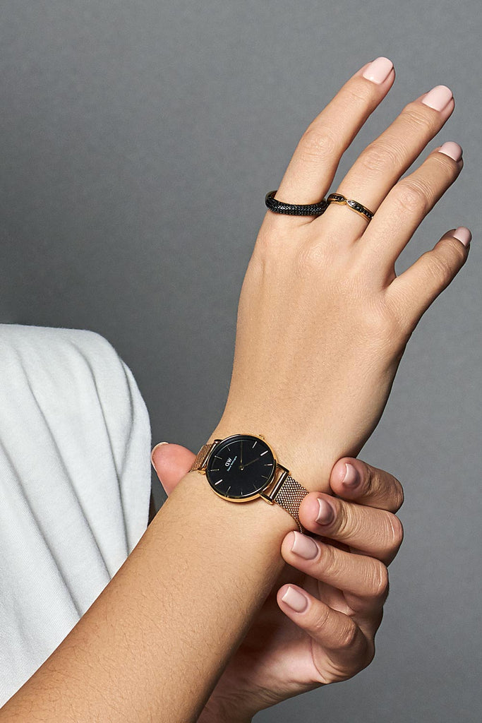 Daniel Wellington Classic Petite Evergold Black Dial Gold Mesh Bracelet Watch For Women - DW00100349