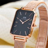 Daniel Wellington Quadro Melrose Black Dial Rose Gold Mesh Bracelet Watch For Women - DW00100432