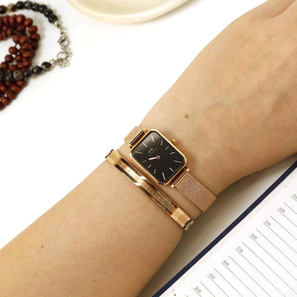 Daniel Wellington Quadro Melrose Black Dial Rose Gold Mesh Bracelet Watch For Women - DW00100432