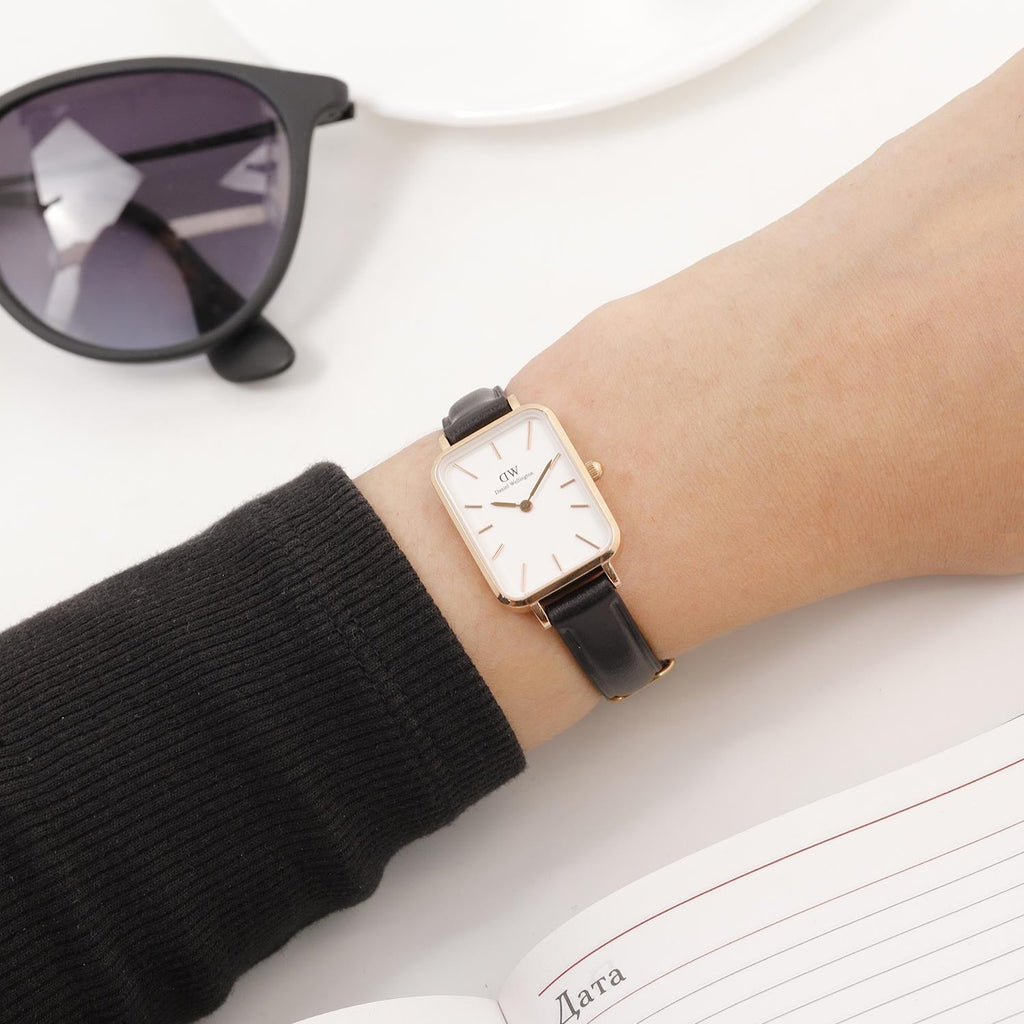 Daniel Wellington Quadro White Dial Black Leather Strap Watch For Women - DW00100434