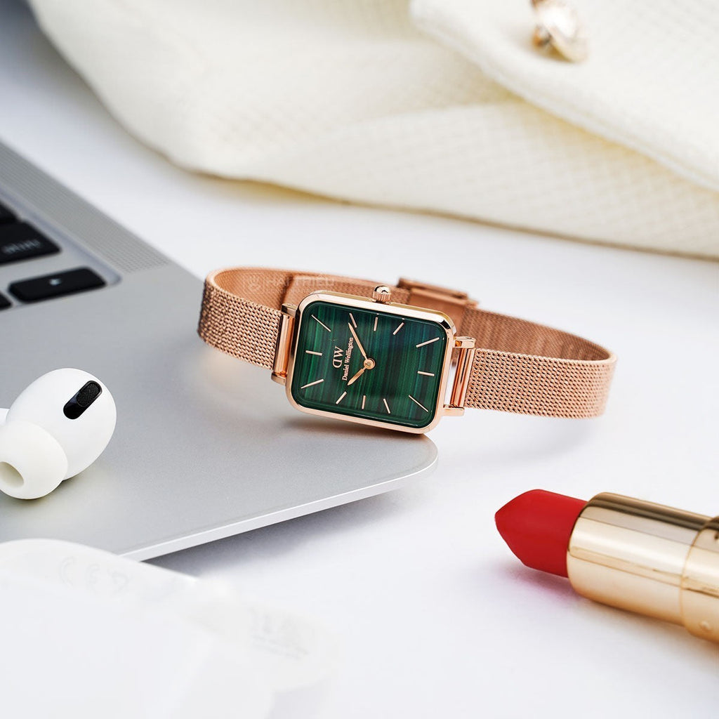 Daniel Wellington Quadro Melrose Green Dial Rose Gold Mesh Strap Watch For Women - DW00100437
