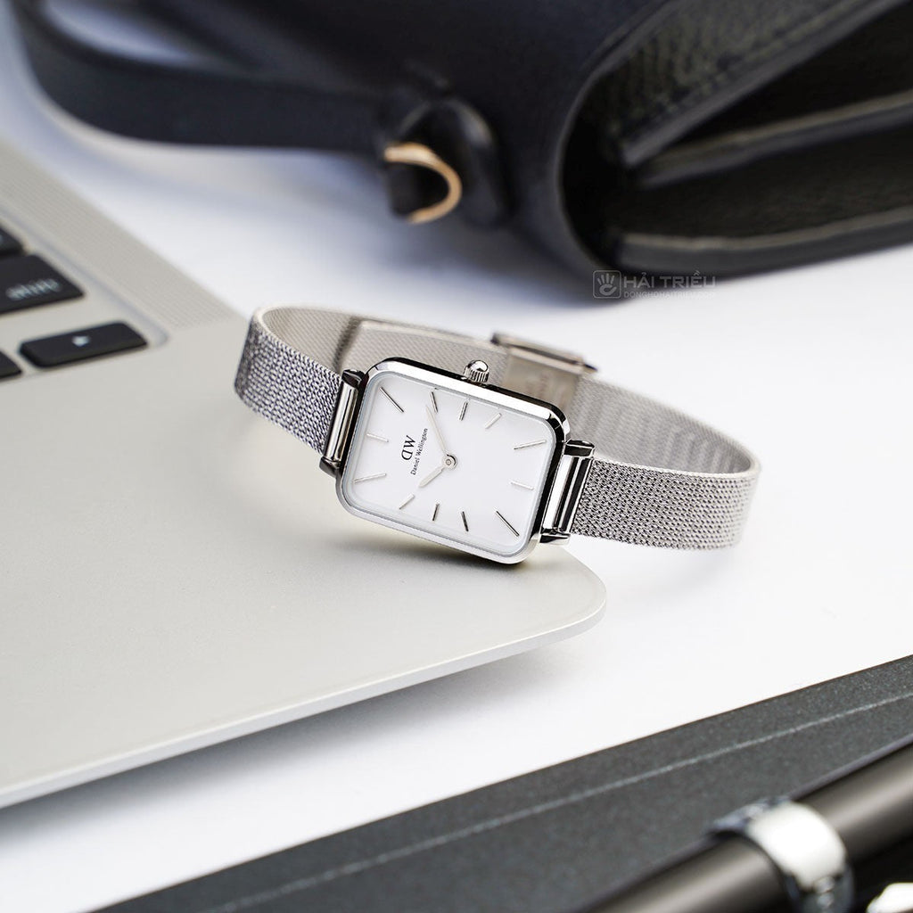 Daniel Wellington Quadro Sterling White Dial Silver Mesh Strap Watch For Women - DW00100438