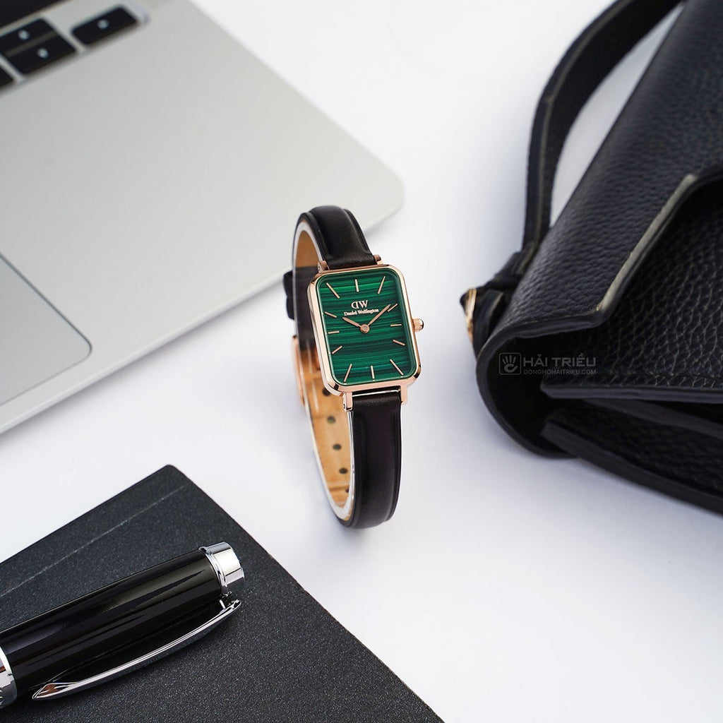 Daniel Wellington Quadro Pressed Sheffield Green Dial Black Leather Strap Watch For Women - DW00100439