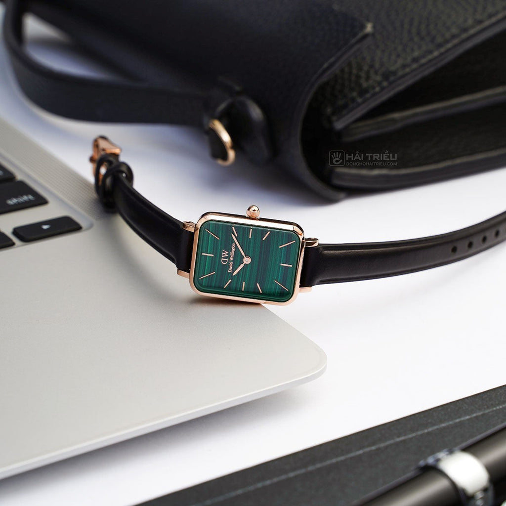 Daniel Wellington Quadro Pressed Sheffield Green Dial Black Leather Strap Watch For Women - DW00100439