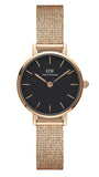 Daniel Wellington Petite Pressed Melrose Black Dial Rose Gold Mesh Strap Watch For Women - DW00100440