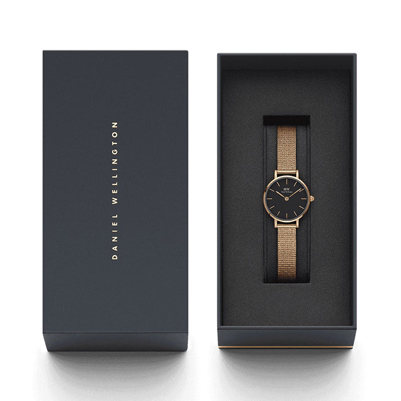Daniel Wellington Petite Pressed Melrose Black Dial Rose Gold Mesh Strap Watch For Women - DW00100440