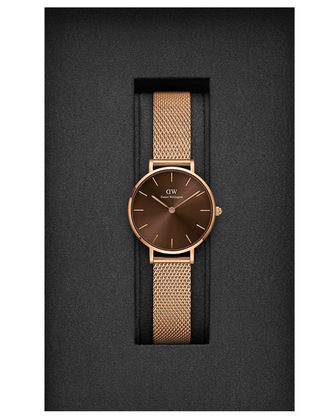 Daniel Wellington Petite Amber Brown Dial Gold Mesh Strap Watch For Women - DW00100476