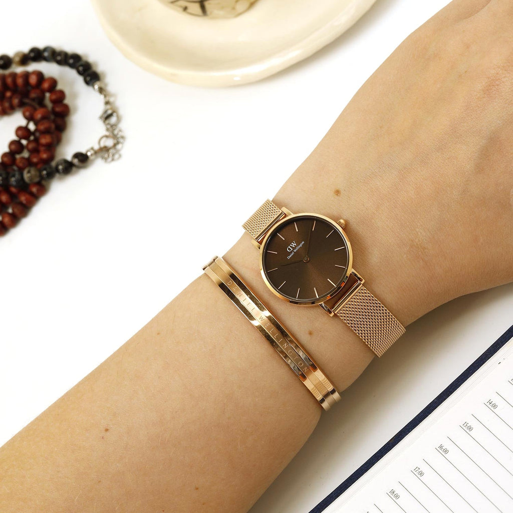 Daniel Wellington Petite Amber Brown Dial Gold Mesh Strap Watch For Women - DW00100476