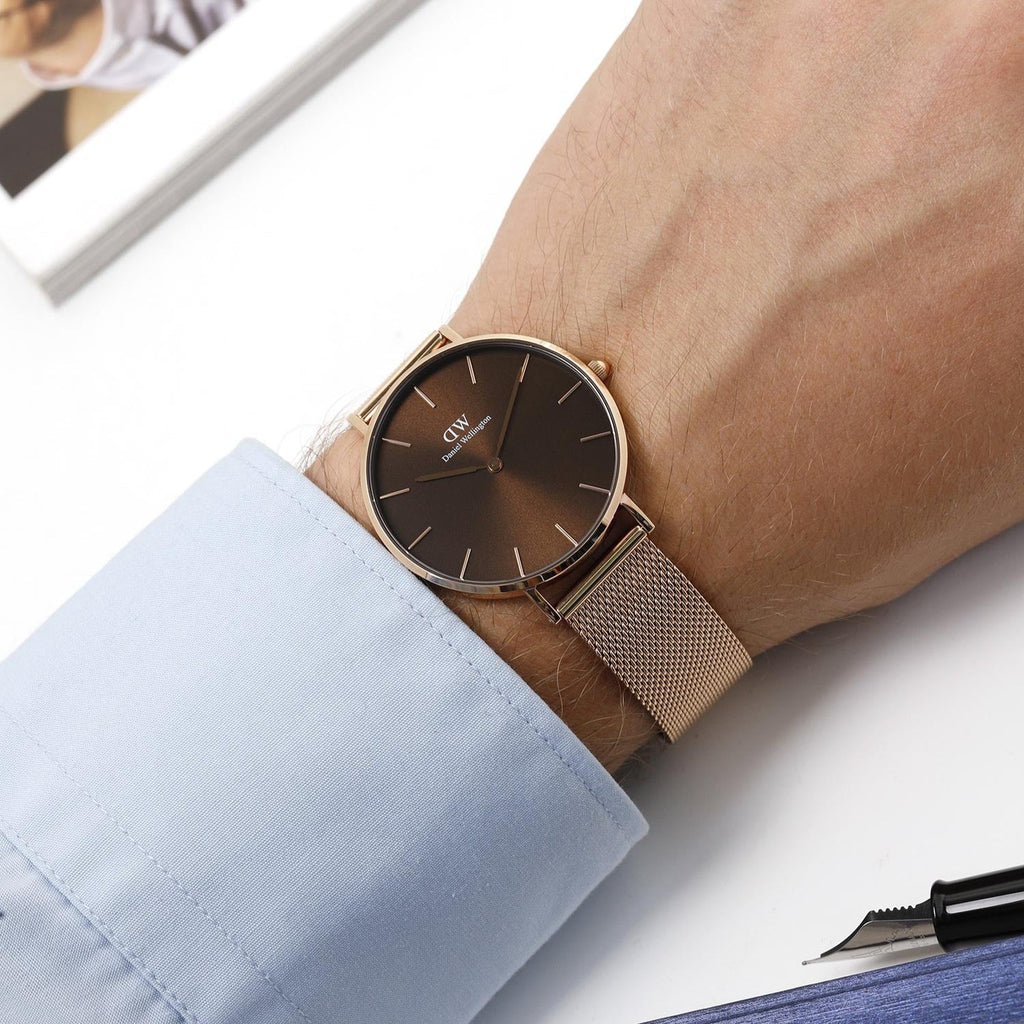 Daniel Wellington Petite Amber Brown Dial Rose Gold Mesh Strap Watch for Women - DW00100478