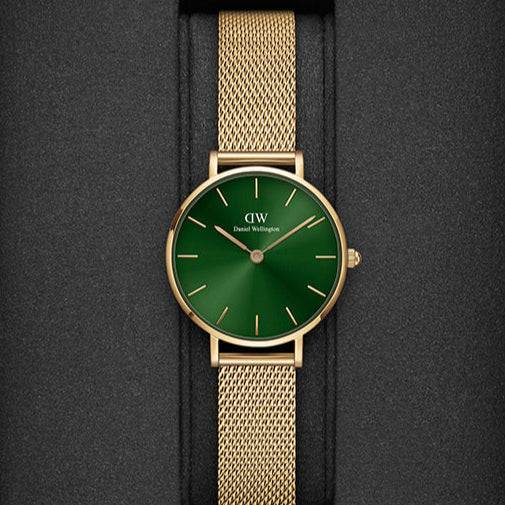 Daniel Wellington Petite Emerald Green Dial Gold Mesh Strap Watch For Women - DW00100479