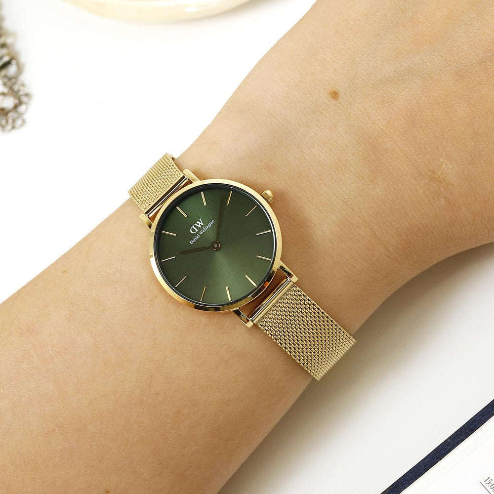 Daniel Wellington Petite Emerald Green Dial Gold Mesh Strap Watch For Women - DW00100479