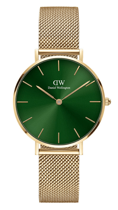 Daniel Wellington Petite Emerald Green Dial Gold Mesh Strap Watch For Women - DW00100480