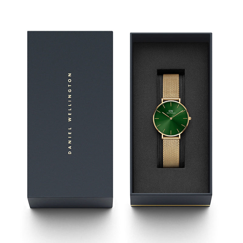 Daniel Wellington Petite Emerald Green Dial Gold Mesh Strap Watch For Women - DW00100480