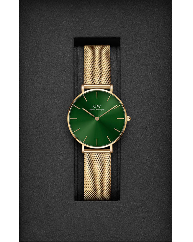 Daniel Wellington Petite Emerald Green Dial Gold Mesh Strap Watch For Women - DW00100480