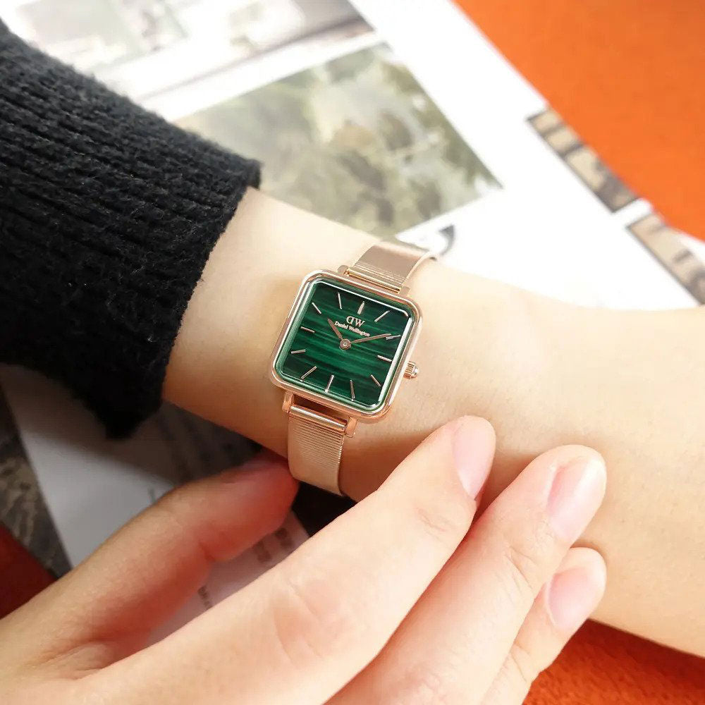 Daniel Wellington Quadro Studio Green Dial Rose Gold Mesh Strap Watch For Women - DW00100520