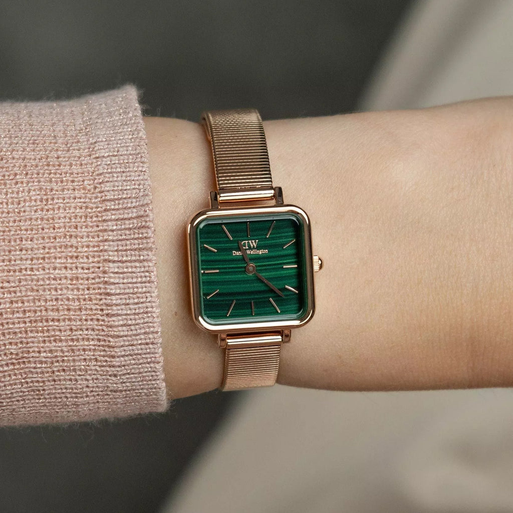 Daniel Wellington Quadro Studio Green Dial Rose Gold Mesh Strap Watch For Women - DW00100520