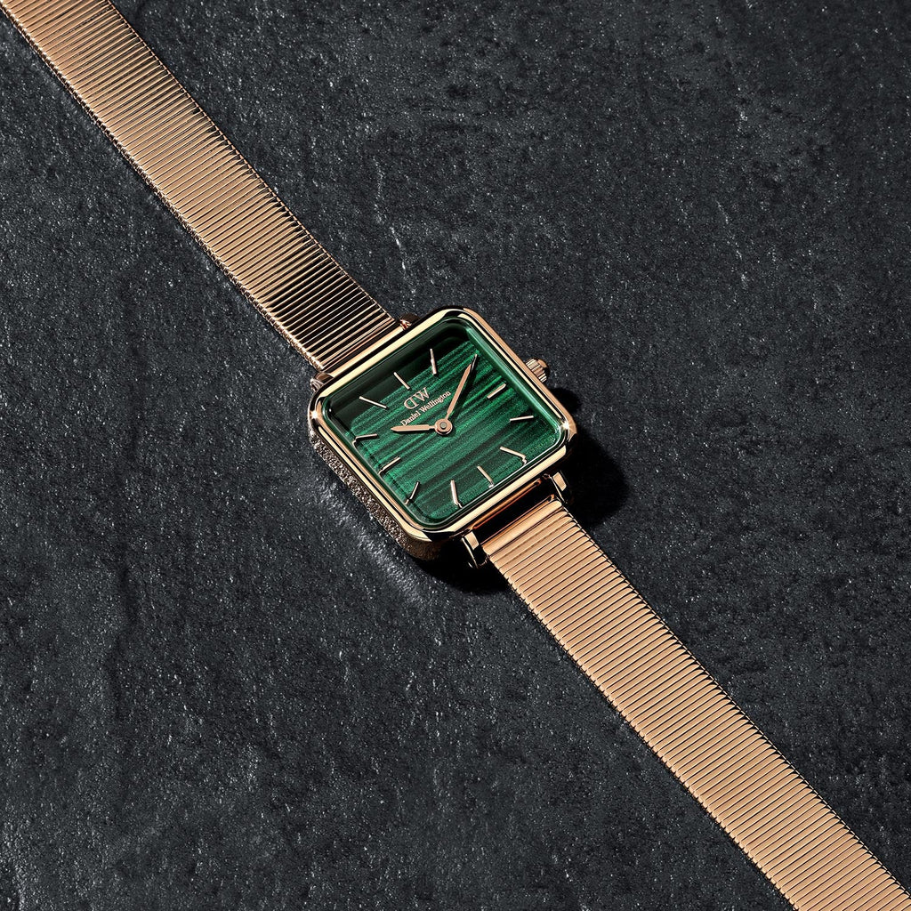 Daniel Wellington Quadro Studio Green Dial Rose Gold Mesh Strap Watch For Women - DW00100520