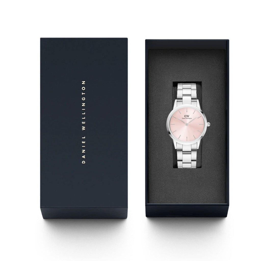 Daniel Wellington Iconic Link Pink Dial Silver Steel Strap Watch For Women - DW00100327