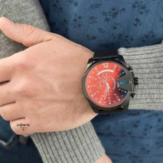 Diesel Mega Chief Chronograph Black Dial Black Leather Strap Watch For Men - DZ4323