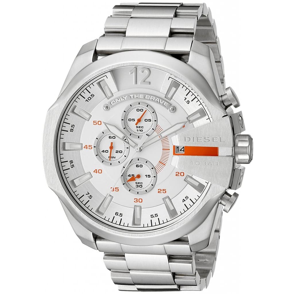 Diesel Mega Chief Chronograph White Dial Silver Steel Strap Watch For Men - DZ4328